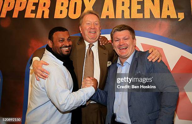 Naseem Hamed , Frank Warren and Ricky Hatton share a joke during a Boxing Press Conference at the Landmark Hotel on April 13, 2016 in London, England.