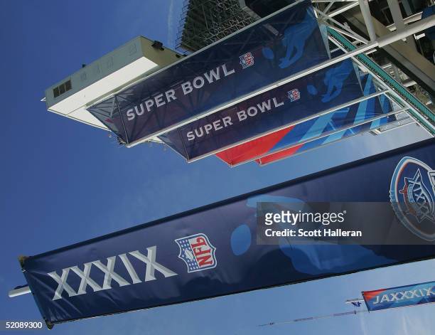 General-view of flags outside Alltel Stadium prior to the start of Super Bowl XXXIX at Alltel Stadium on January 31, 2005 in Jacksonville, Florida.