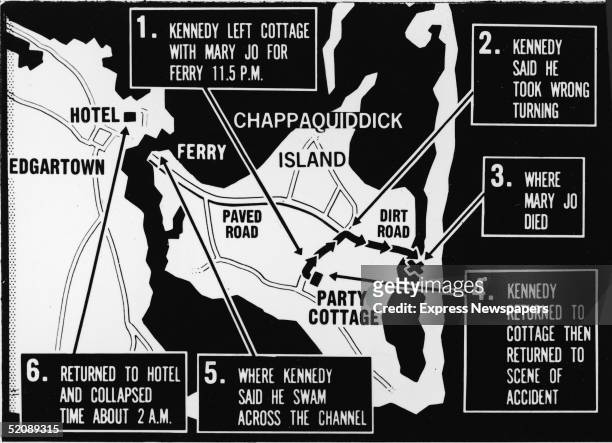 Map of Chappaquiddick Island, just off the island of Martha's Vineyard, that shows the locations of the major events of the evening of July 18 when a...