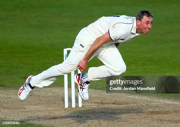 Rikki Clarke of Warwickshire bowls during day four of the Specsavers County Championship Division One match between Hampshire and Warwickshire at the...