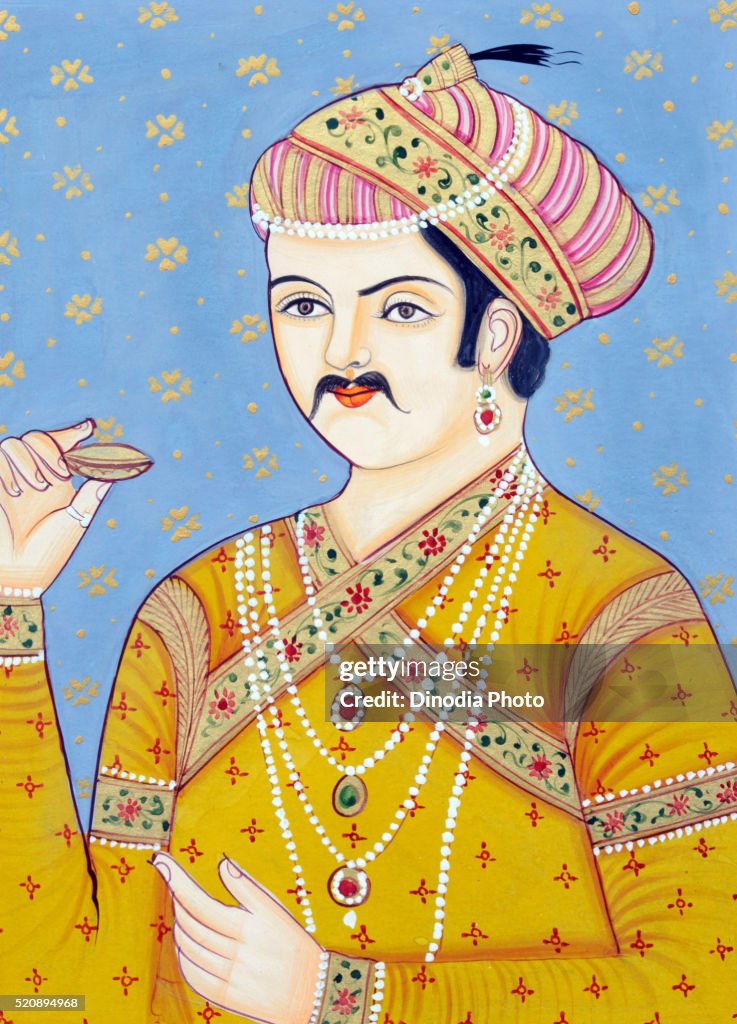 Miniature painting of Mughul Emperor Akbar, India, Asia