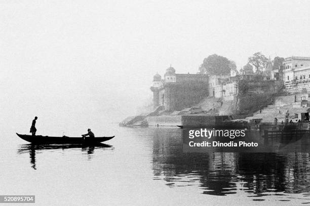boat silhouette misty morning, varanasi, uttar pradesh, india, asia 1982 - ganges river stock pictures, royalty-free photos & images