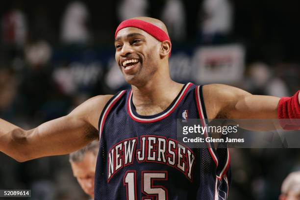 Vince Carter of the New Jersey Nets is seen smiling on the court during the game against the Dallas Mavericks on January 15, 2005 at the American...