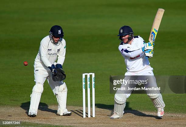 Liam Dawson of Hampshire hits out during day four of the Specsavers County Championship Division One match between Hampshire and Warwickshire at the...