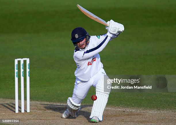 Adam Wheater of Hampshire hits out during day four of the Specsavers County Championship Division One match between Hampshire and Warwickshire at the...