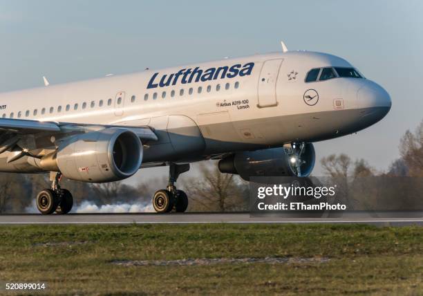 landing lufthansa passenger aircraft with smoking tires - lufthansa stock pictures, royalty-free photos & images