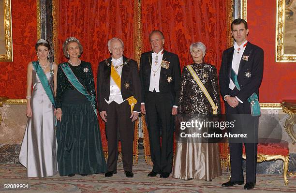 Princess Letizia, Queen Sofia, Hungarian President Ferenc Madl, King Juan Carlos, Mrs Madl and Prince Felipe. Spanish Royals attend a reception for...