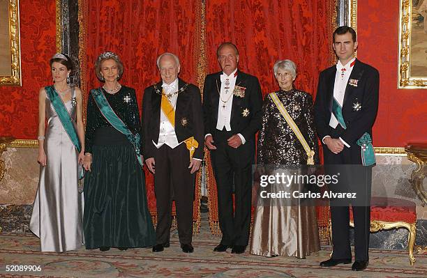 Princess Letizia, Queen Sofia, Hungarian President Ferenc Madl, King Juan Carlos, Dalma Madl and Prince Felipe. Spanish Royals attend a reception for...