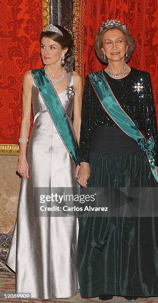 Princess Letizia and Queen Sofia of Spain attend a reception for the Hungarian President and his wife at the Royal Palace on January 31, 2005 in...