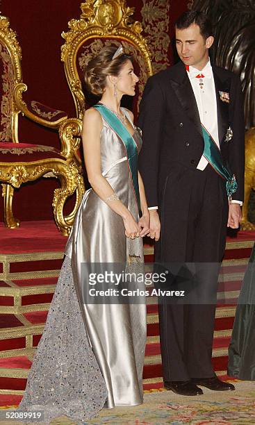 Crown Prince Felipe and Princess Letizia of Spain receive the Hungarian President and his wife at a Gala Dinner at the Royal Palace in Madrid on...