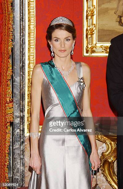 Princess Letizia of Spain receives the Hungarian President and his wife at a Gala Dinner at the Royal Palace in Madrid on January 31, 2005 in Madrid,...