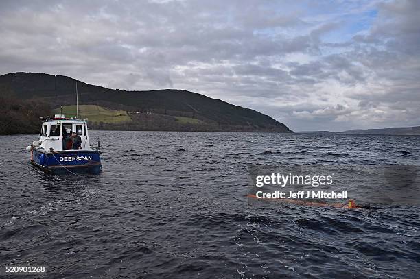 John Haig an engineer monitors a Munin robot, operated by Norwegian company Kongsberg Maritime in Loch Ness on April 13, 2016 in Drumnadrochit,...