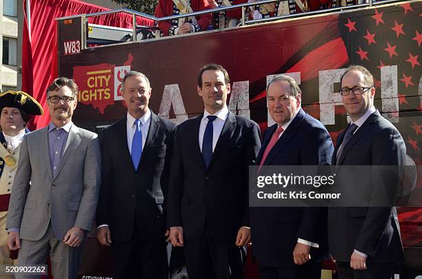 Former governors Mike Huckabee and Martin O'Malley with actor Ian Kahn and executive producers Barry Josephine and Craig Silverstein pose for a photo...