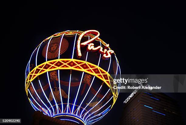 The entrance to the French-themed Paris Las Vegas Hotel and Casino in Las Vegas, Nevada, includes a static reproduction of the world's first hot-air...