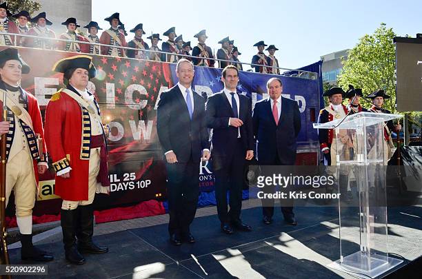 Former governors Mike Huckabee and Martin O'Malley with actor Ian Kahn pose for a photo during the "TURN: Washington Spies- DC Key Art Unveiling" at...