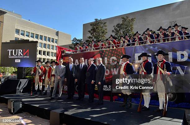 Former governors Mike Huckabee and Martin O'Malley with actor Ian Kahn and executive producers Barry Josephine and Craig Silverstein pose for a photo...