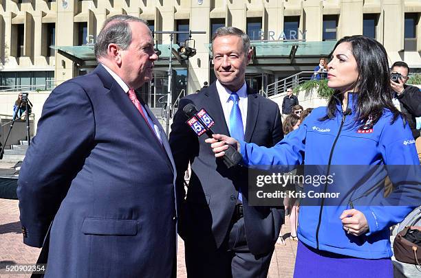 Former governors Mike Huckabee and Martin O'Malley speak during the "TURN: Washington Spies- DC Key Art Unveiling" at Kogan Plaza on The George...