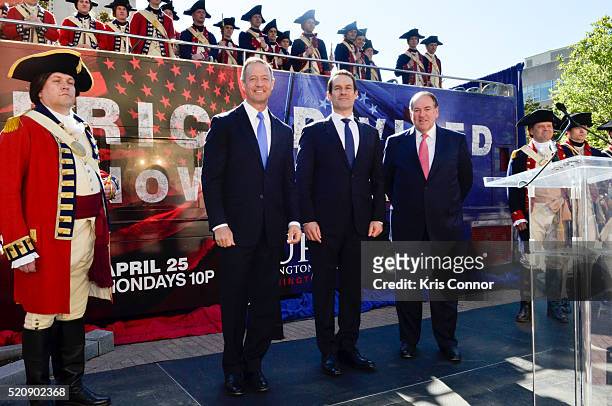 Former governors Mike Huckabee and Martin O'Malley with actor Ian Kahn pose for a photo during the "TURN: Washington Spies- DC Key Art Unveiling" at...