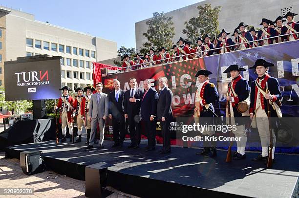 Former governors Mike Huckabee and Martin O'Malley with actor Ian Kahn and executive producers Barry Josephine and Craig Silverstein pose for a photo...