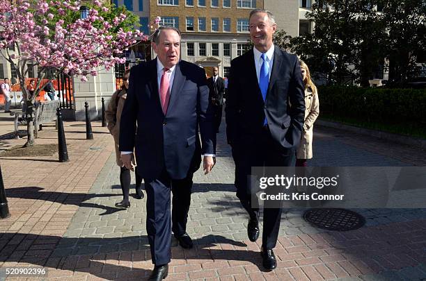 Former governors Mike Huckabee and Martin O'Malley speak during the "TURN: Washington Spies- DC Key Art Unveiling" at Kogan Plaza on The George...