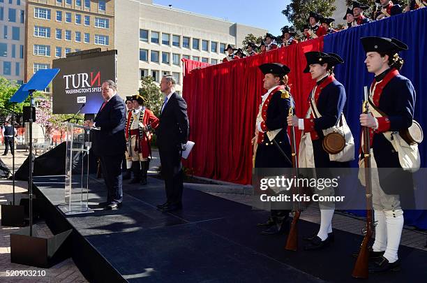 Former governors Mike Huckabee and Martin O'Malley speak during the "TURN: Washington Spies- DC Key Art Unveiling" at Kogan Plaza on The George...