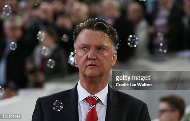 Louis van Gaal, manager of Manchester United looks on during The Emirates FA Cup, sixth round replay between West Ham United and Manchester United at...