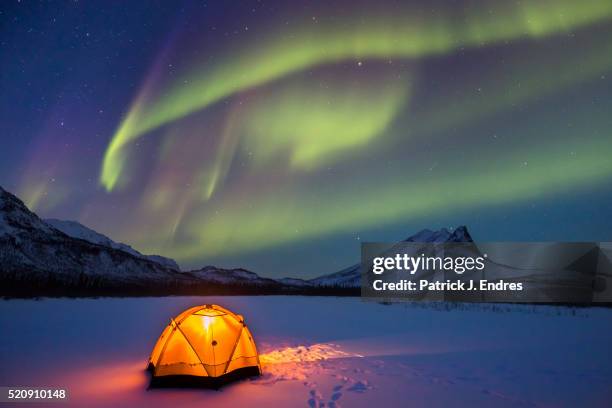 northern lights over alaska winter camp - northern lights stock pictures, royalty-free photos & images