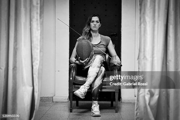 Fencer Maria Belen Perez Maurice of Argentina poses during an exclusive interview at Fundación Argentina de Esgrima on April 08, 2016 in Buenos...