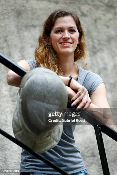 Fencer Maria Belen Perez Maurice of Argentina poses during an exclusive interview at Fundación Argentina de Esgrima on April 08, 2016 in Buenos...