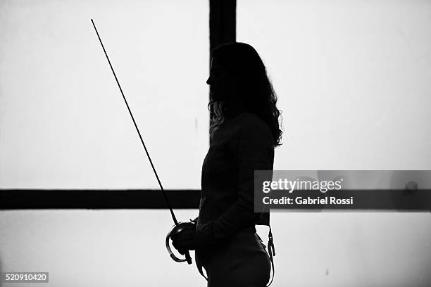 Fencer Maria Belen Perez Maurice of Argentina poses during an exclusive interview at Fundación Argentina de Esgrima on April 08, 2016 in Buenos...