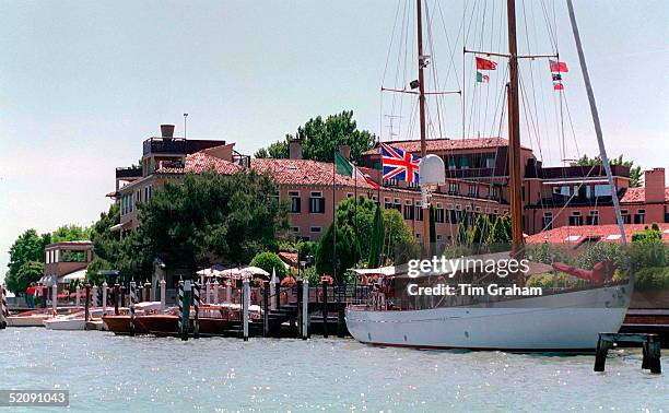 The Hotel Cipriani In Venice, Italy With Yacht Moored Alongside Flying Union Jack Flag For Royal Visit As Princess Diana Is Staying In This Hotel