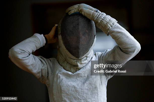 Fencer Maria Belen Perez Maurice of Argentina poses during an exclusive interview at Fundación Argentina de Esgrima on April 08, 2016 in Buenos...