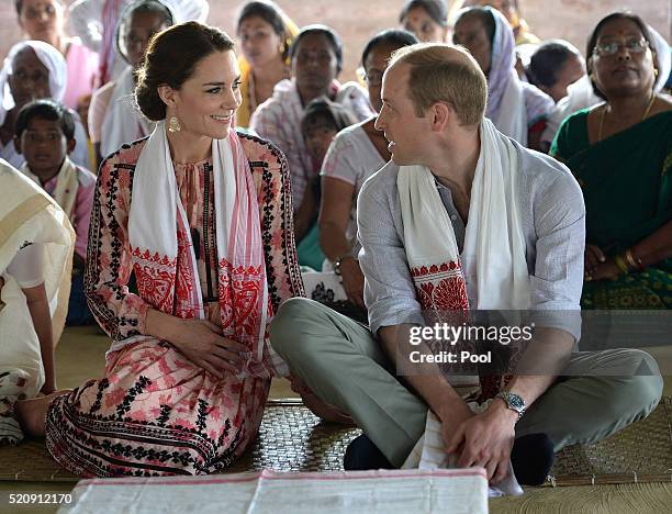 Catherine, Duchess of Cambridge and Prince William, Duke of Cambridge visit Pan Bari Village in the Kaziranga National Park, meet villagers, look at...