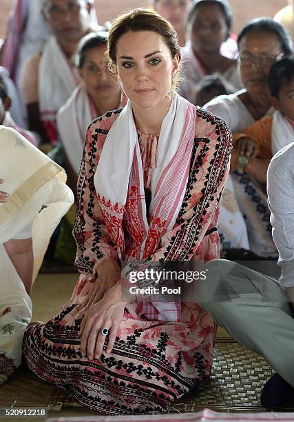 Catherine, Duchess of Cambridge visits Pan Bari Village in the Kaziranga National Park, meet villagers, look at a traditional weaving loom and and...