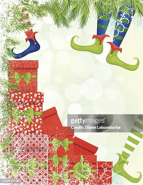 illustrazioni stock, clip art, cartoni animati e icone di tendenza di santas elfi mettendo regali sotto l'albero di natale - elf under gifts
