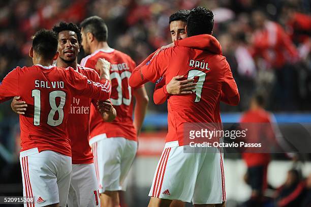 Benfica players celebrate the first goal against FC Bayern Muenchen during the UEFA Champions league Quarter Final Second Leg match between SL...