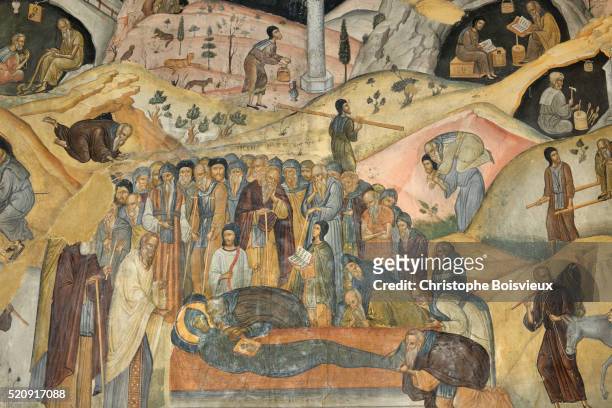 fresco at agios nikolaos anapafsas (st nicholas anapausas) monastery - meteora greece stock pictures, royalty-free photos & images