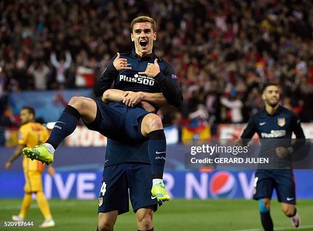 Atletico Madrid's French forward Antoine Griezmann celebrates a goal during the Champions League quarter-final second leg football match Club...