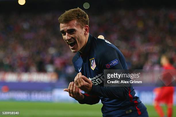 Antoine Griezmann of Atletico celebrates his team's first goal during the UEFA Champions league Quarter Final Second Leg match between Club Atletico...