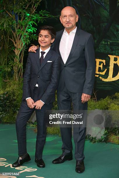 Neel Sethi and Ben Kingsley attend the UK Premiere of "The Jungle Book"at BFI IMAX on April 13, 2016 in London, England.