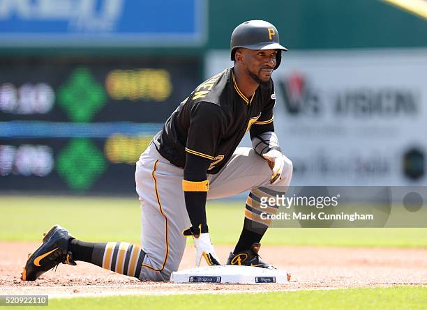 Andrew McCutchen of the Pittsburgh Pirates looks on during the game against the Detroit Tigers at Comerica Park on April 12, 2016 in Detroit,...