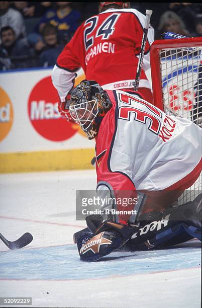 South African born German professional hockey player Olaf Kolzig as the goalie of the World All Star team at the 2000 NHL All Star Game, Air Canada...