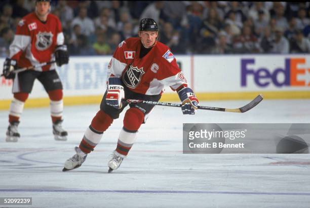 Wayne Gretzky of North America and the New York Rangers skates on the ice during the 1999 49th NHL All-Star Game against the World on January 24,...