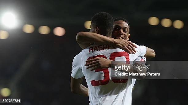Marcus Rashford of Manchester United celebrates scoring their first goal during the Emirates FA Cup Sixth Round replay match between West Ham United...