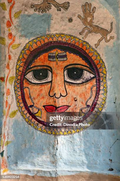 sun god painting on wall, madhubani, bihar, india, asia - bihar bildbanksfoton och bilder