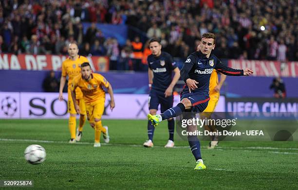 Antoine Greizmann of Club Atletico de Madrid scores his team's 2nd goal from the penalty spot during the UEFA Champions League Quarter Final Second...