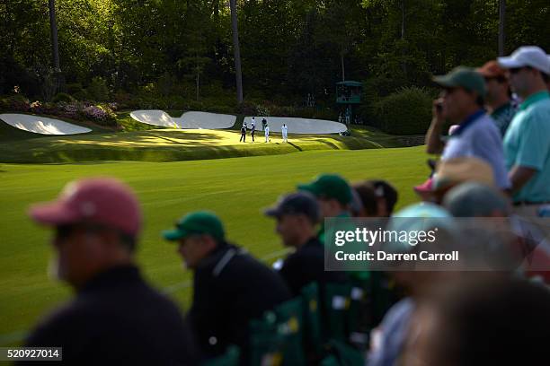 Emilliano Grillo, Justin Thomas and Dustin Johnson on No 13 hole during Friday play at Augusta National. Augusta, GA 4/8/2016 CREDIT: Darren Carroll