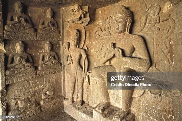buddha statues in cave temple hinyana pandav caves first century bc to second century ad, satavahana, nasik - nasik caves stock pictures, royalty-free photos & images