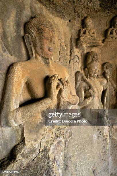 buddha statues in cave temple hinyana pandav caves first century bc to second century ad, satavahana, nasik - nasik caves stock pictures, royalty-free photos & images