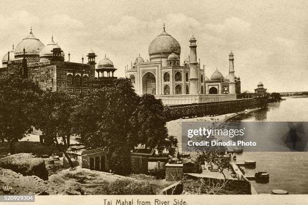 heritage, old picture postcard, taj mahal from river side, agra, uttar pradesh, india - agra stock pictures, royalty-free photos & images